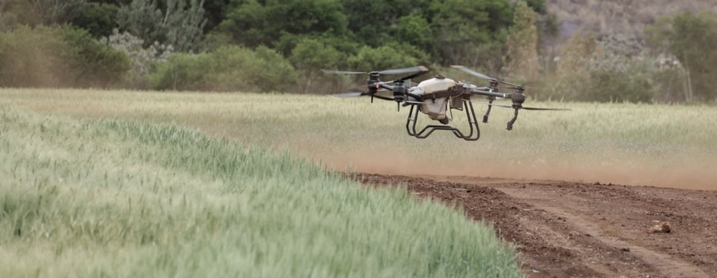 Agricultural spray drone over a wheat field